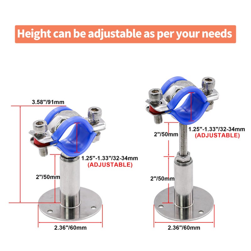 AKIHISA 2 Pcs 304 Stainless Steel Pipe Supports, Wall Mount Ceiling Mount Pipe Hanger, Pipe Holder for OD Pipe 32-34MM Adjustable Height Range 50-100mm - Image 2